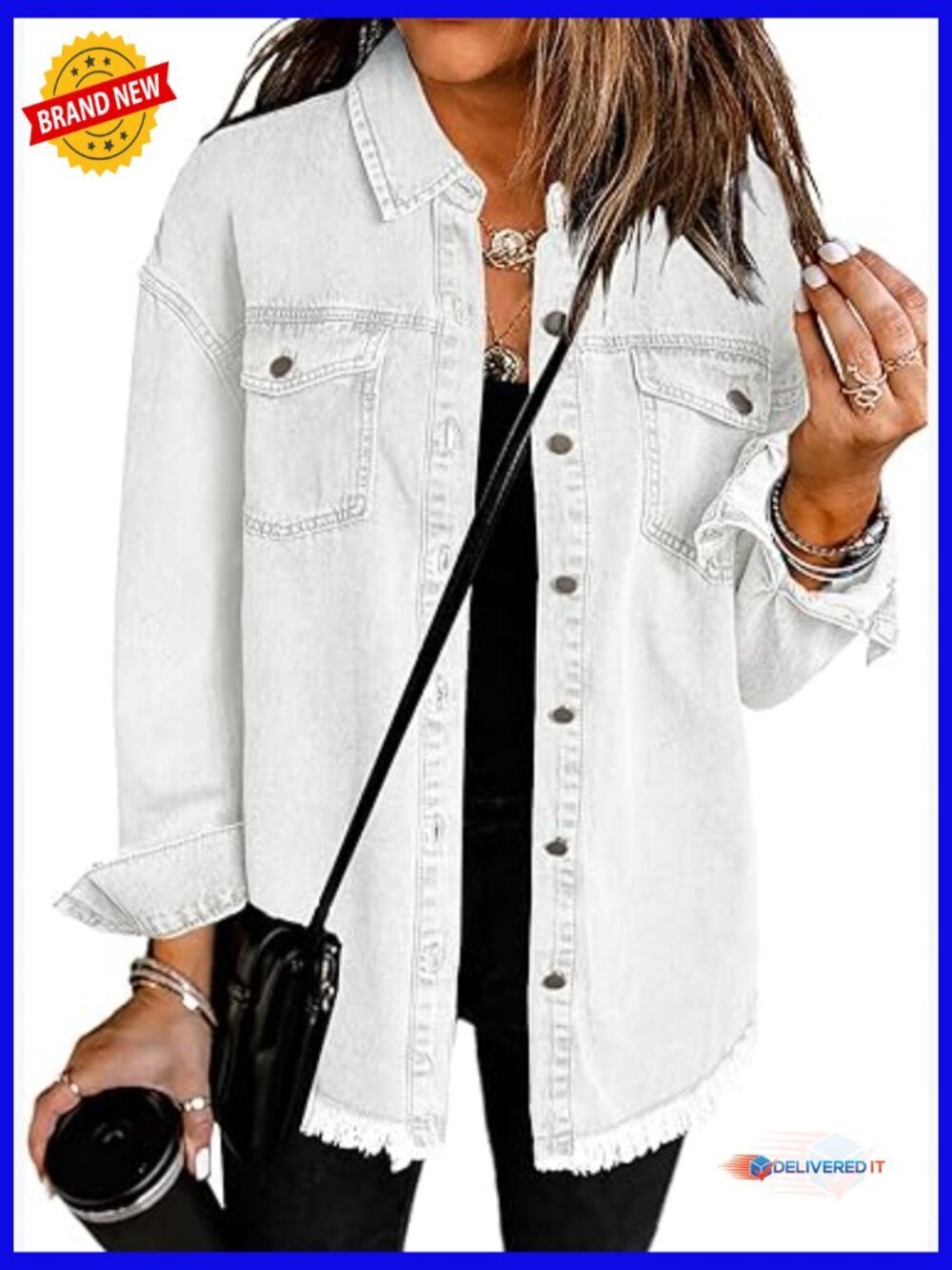 Oversized Distressed Denim Jacket Long Sleeve Button Front